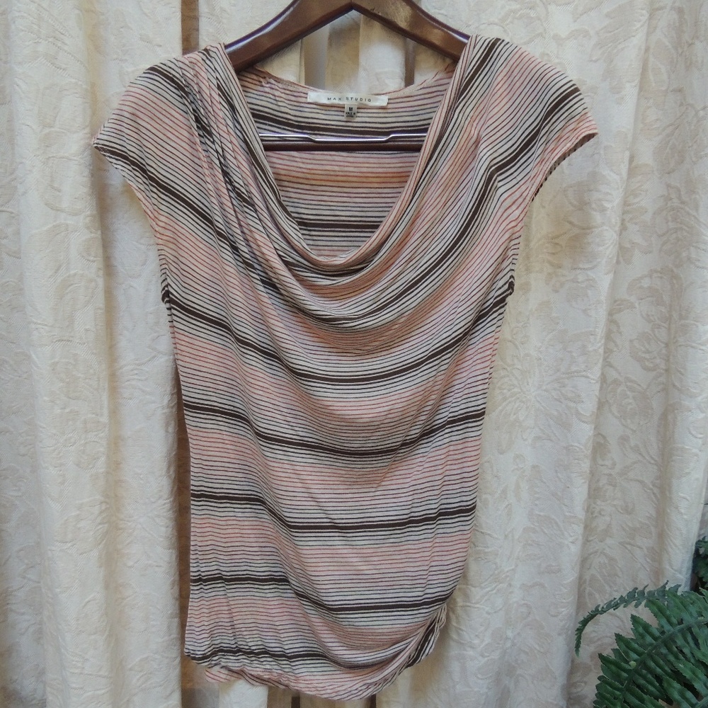 Max Studio Peach, Cream & Black Striped Cowl Neck Top